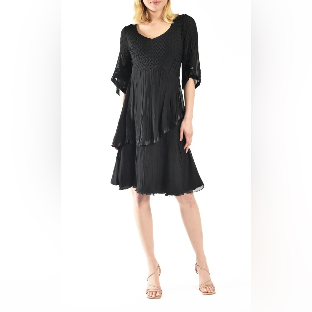 Komarov Chiffon Tiered Midi Black Dress Size XL